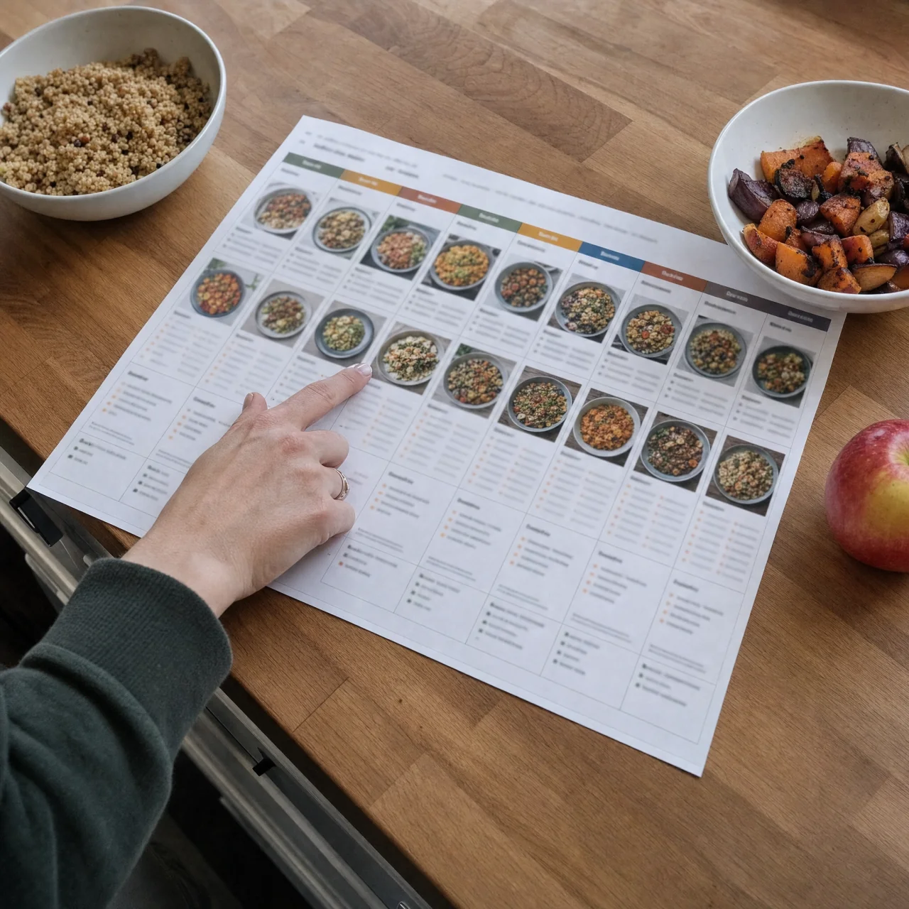 Printed seven-day meal grid on a kitchen counter with two bowls of shared ingredients nearby, and a hand pointing at one day to illustrate a simple weekly rhythm.