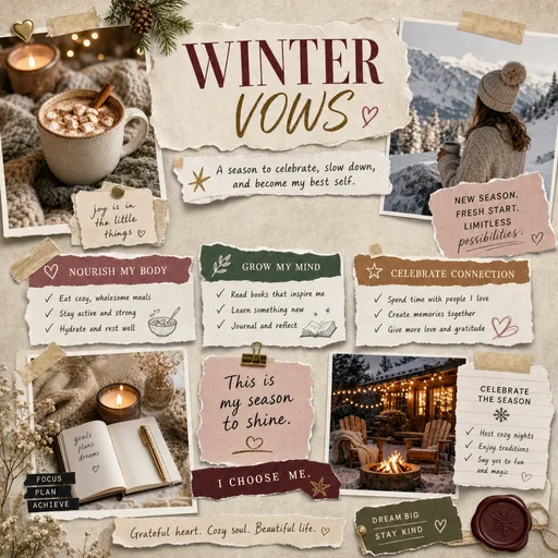 Winter Vows vision board with a snowy cabin, warm drinks, cozy textures and celebration goals.