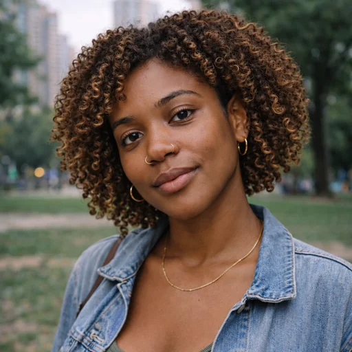 A woman in a denim jacket with warm honey highlights through dark curls.