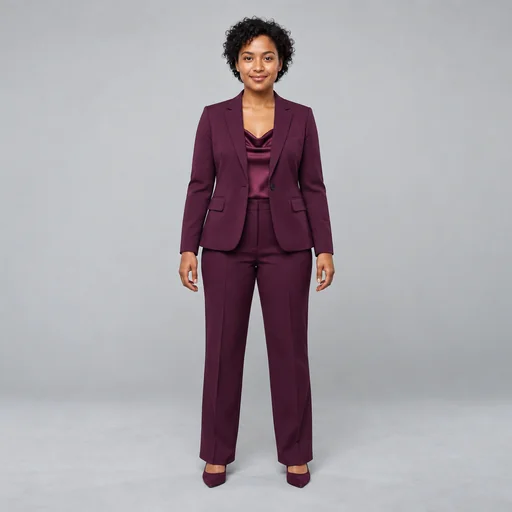 A woman with short dark curls models a plum trouser suit with a matching satin top against a gray studio backdrop.