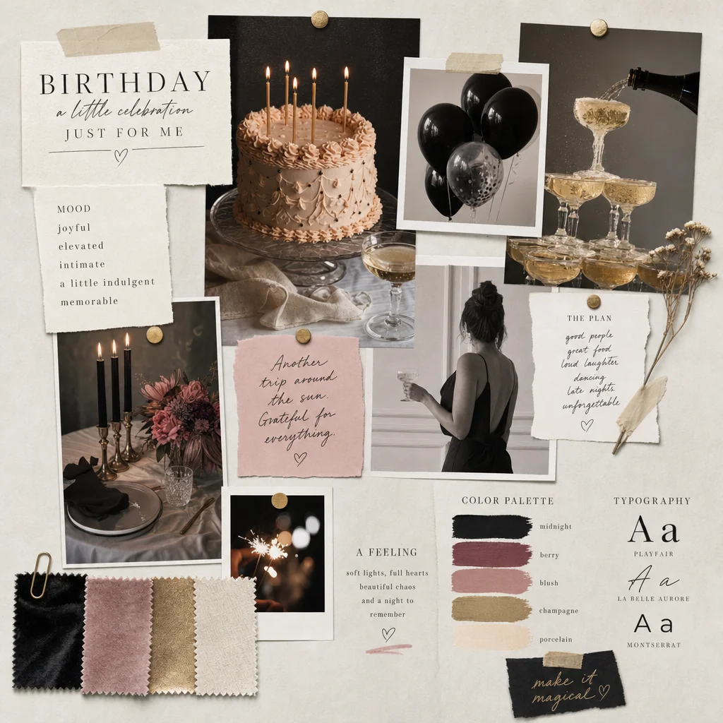 Elegant birthday moodboard with cake, dark balloons, champagne and blush fabric swatches.