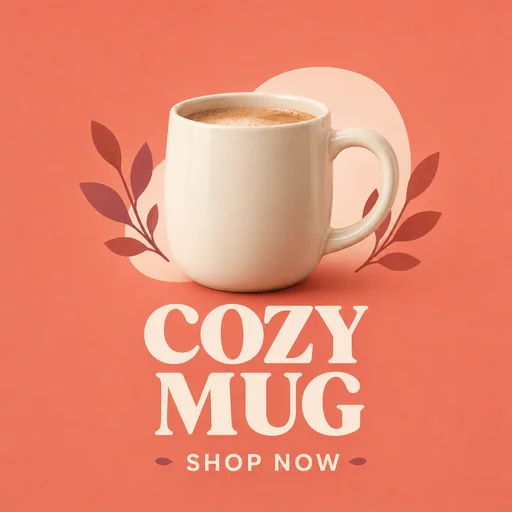 Centered coral ad with cream mug above COZY MUG and SHOP NOW.