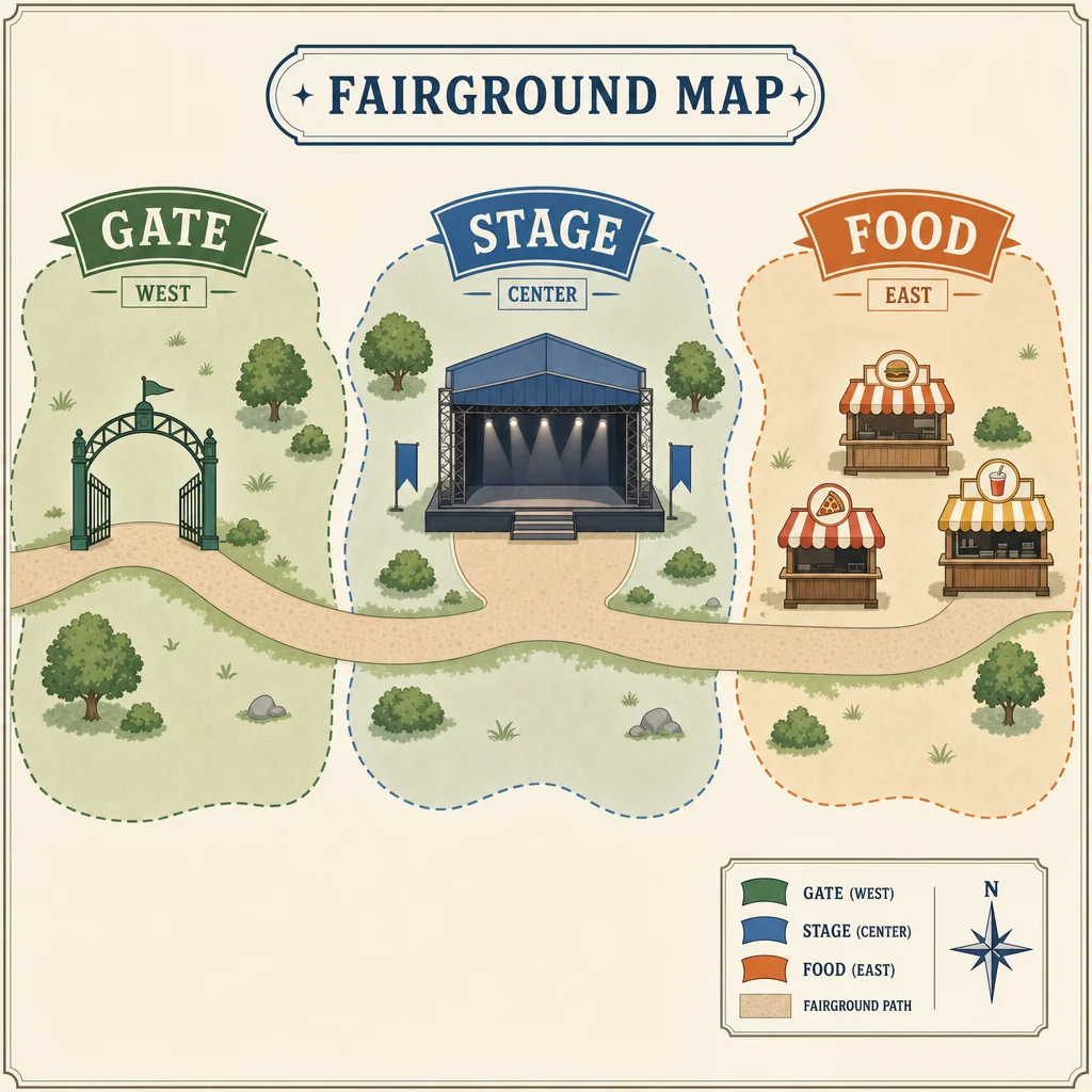 Gate, Stage and Food areas joined by one fairground path.