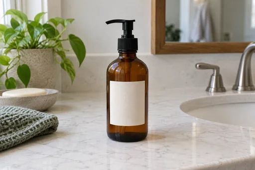 Source 1 for Studio product photo: amber pump bottle.