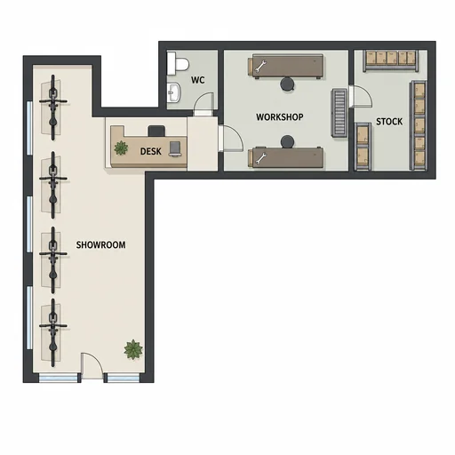 L-shaped cycle shop plan with four bicycles, reception desk, workshop, stockroom and WC.