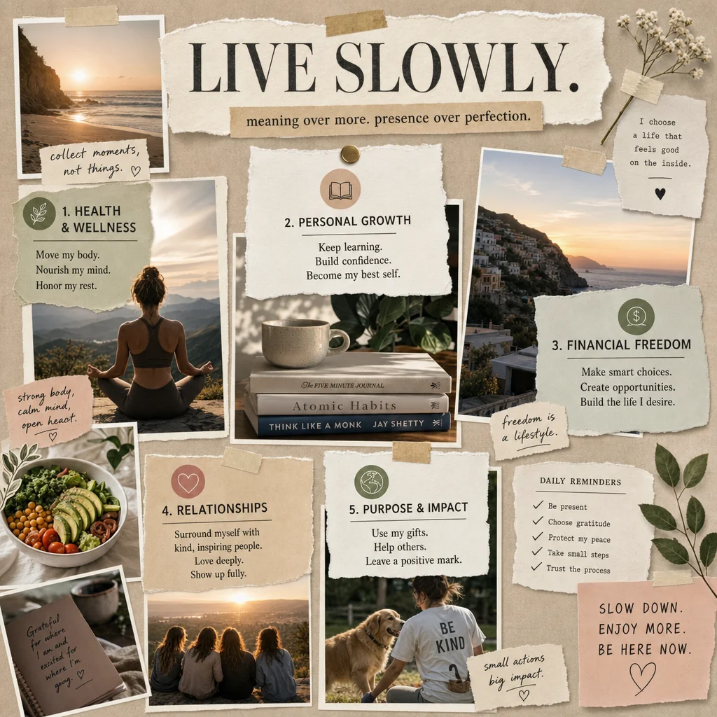 A LIVE SLOWLY vision board with five goal areas and daily reminders.