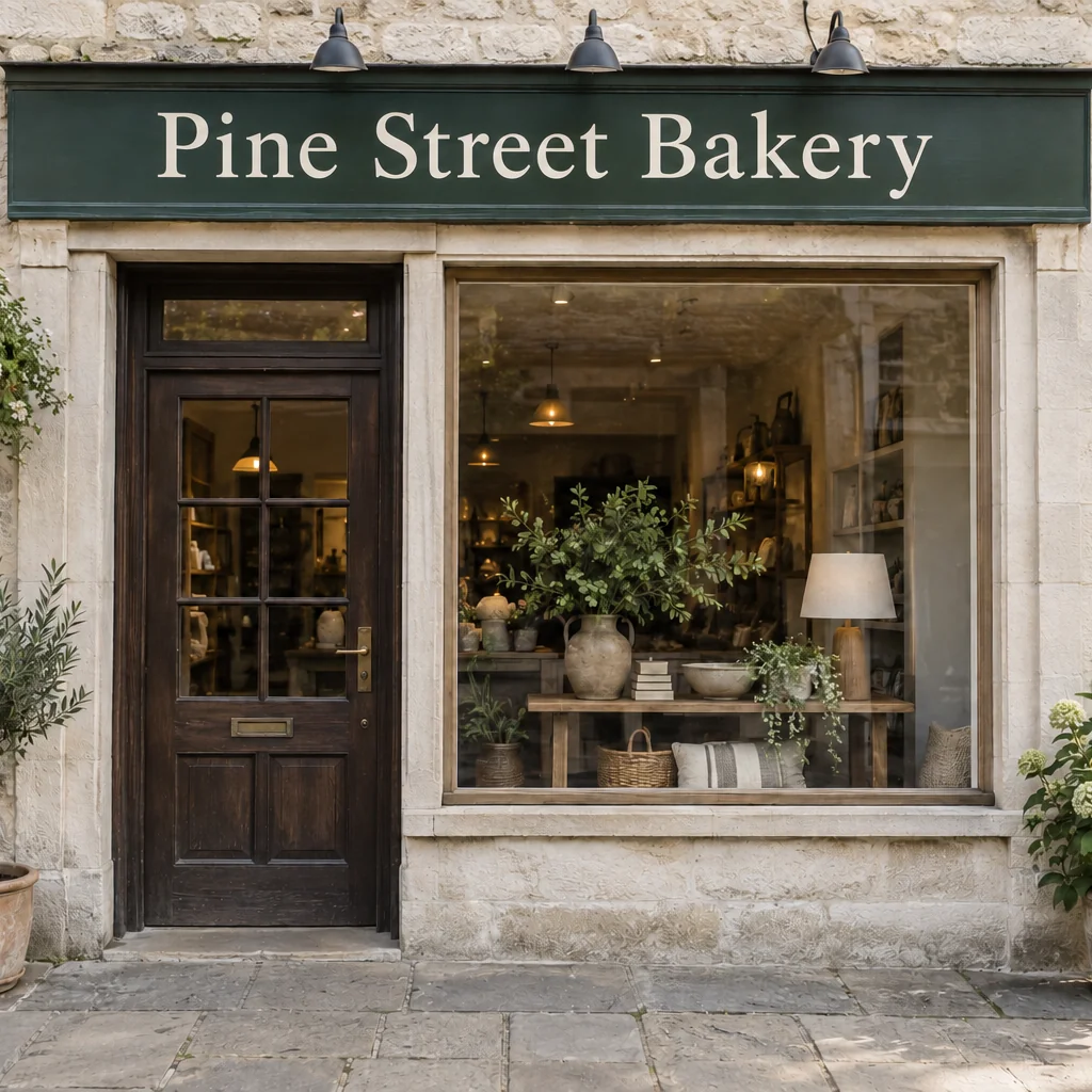 Stone storefront with a dark green sign reading Pine Street Bakery above a wooden door and display window.
