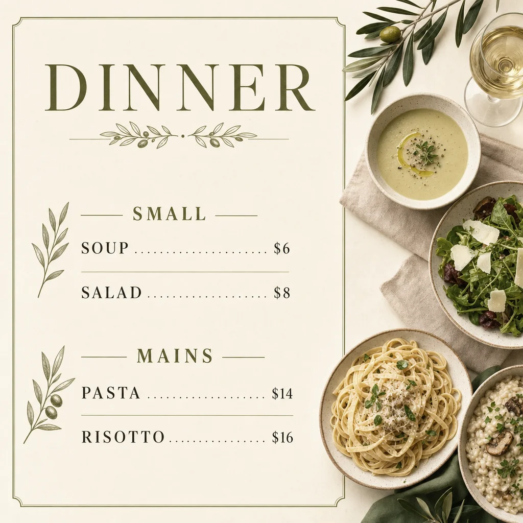 Cream and olive dinner menu with four dishes and exact prices.