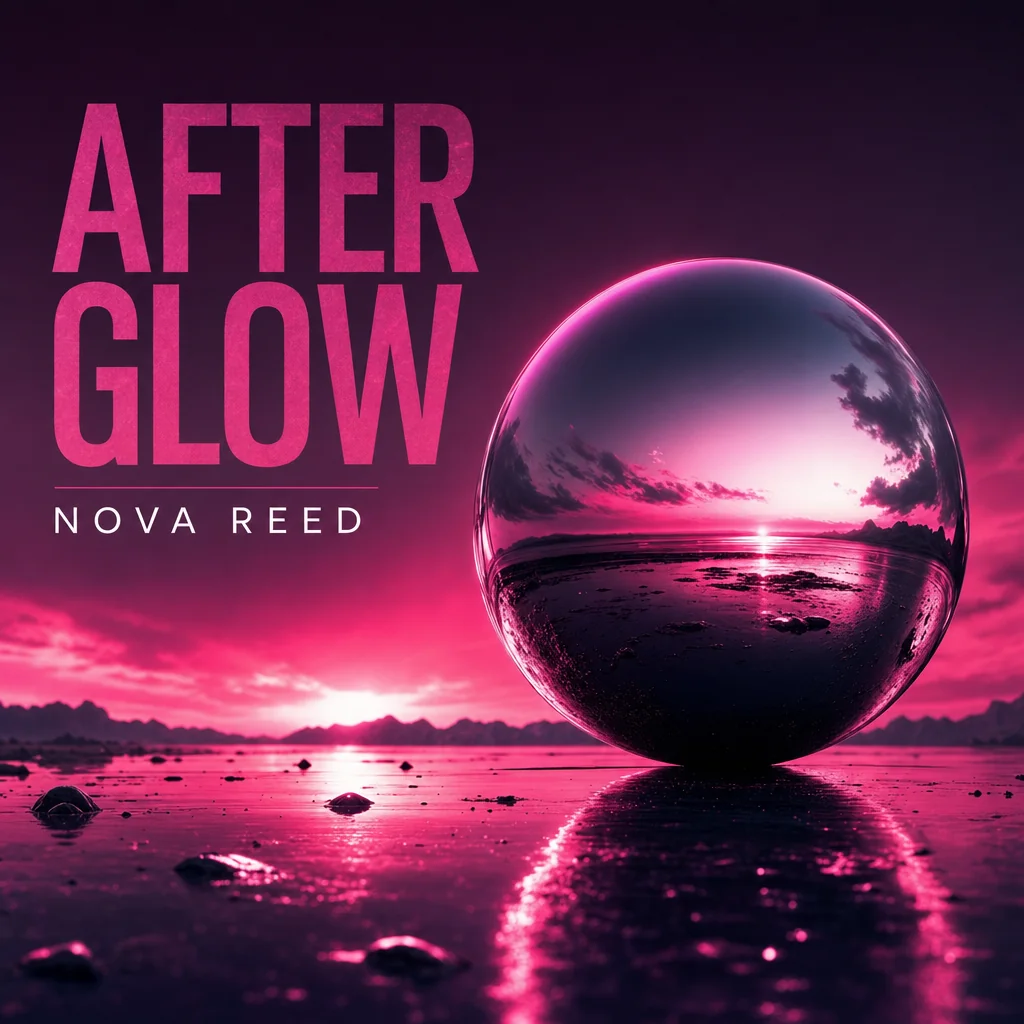 After Glow electronic album cover with a chrome orb in magenta light.