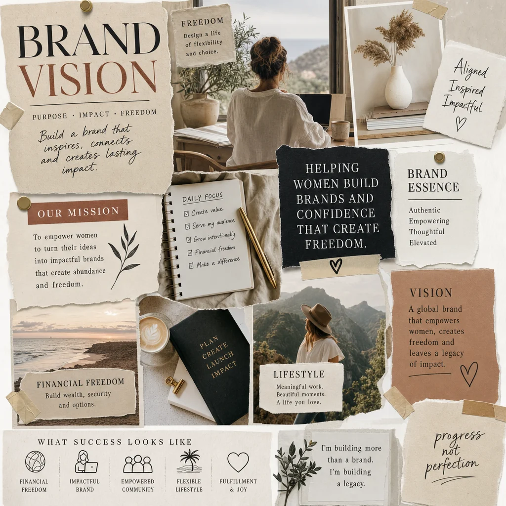 Brand vision board with a mission, daily focus, lifestyle and impact goals.