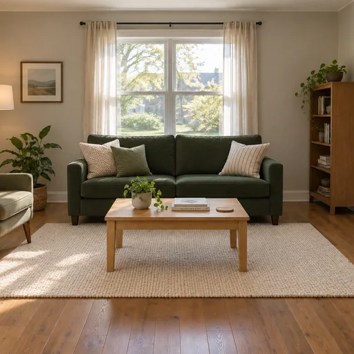 Living room with a forest-green sofa, oak coffee table and cream rug.