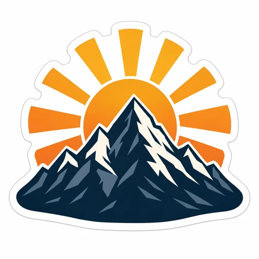 A compact mountain-ridge and rising-sun sticker with bold navy, cream and orange shapes.