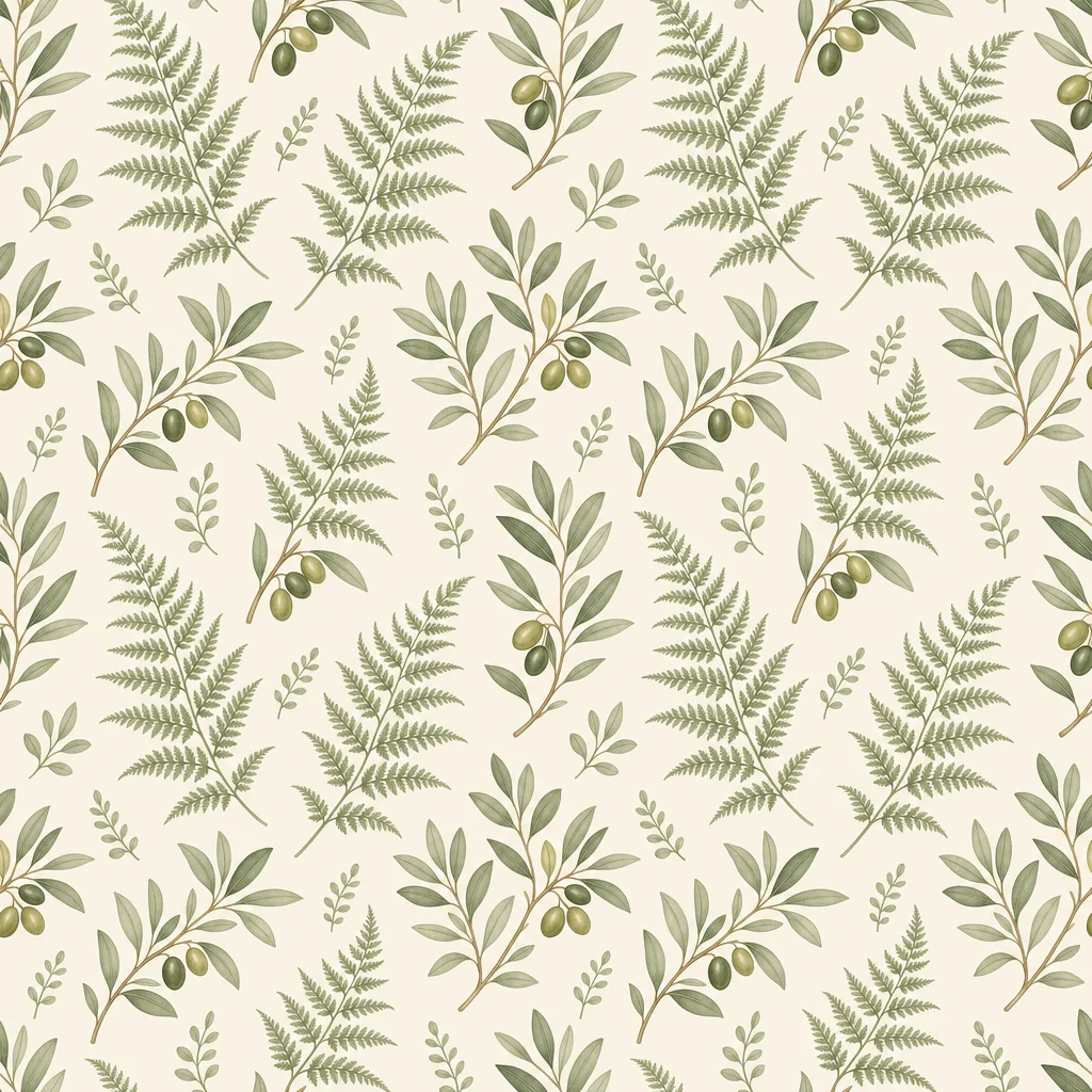 Botanical repeating pattern of sage ferns and olive sprigs on warm cream.
