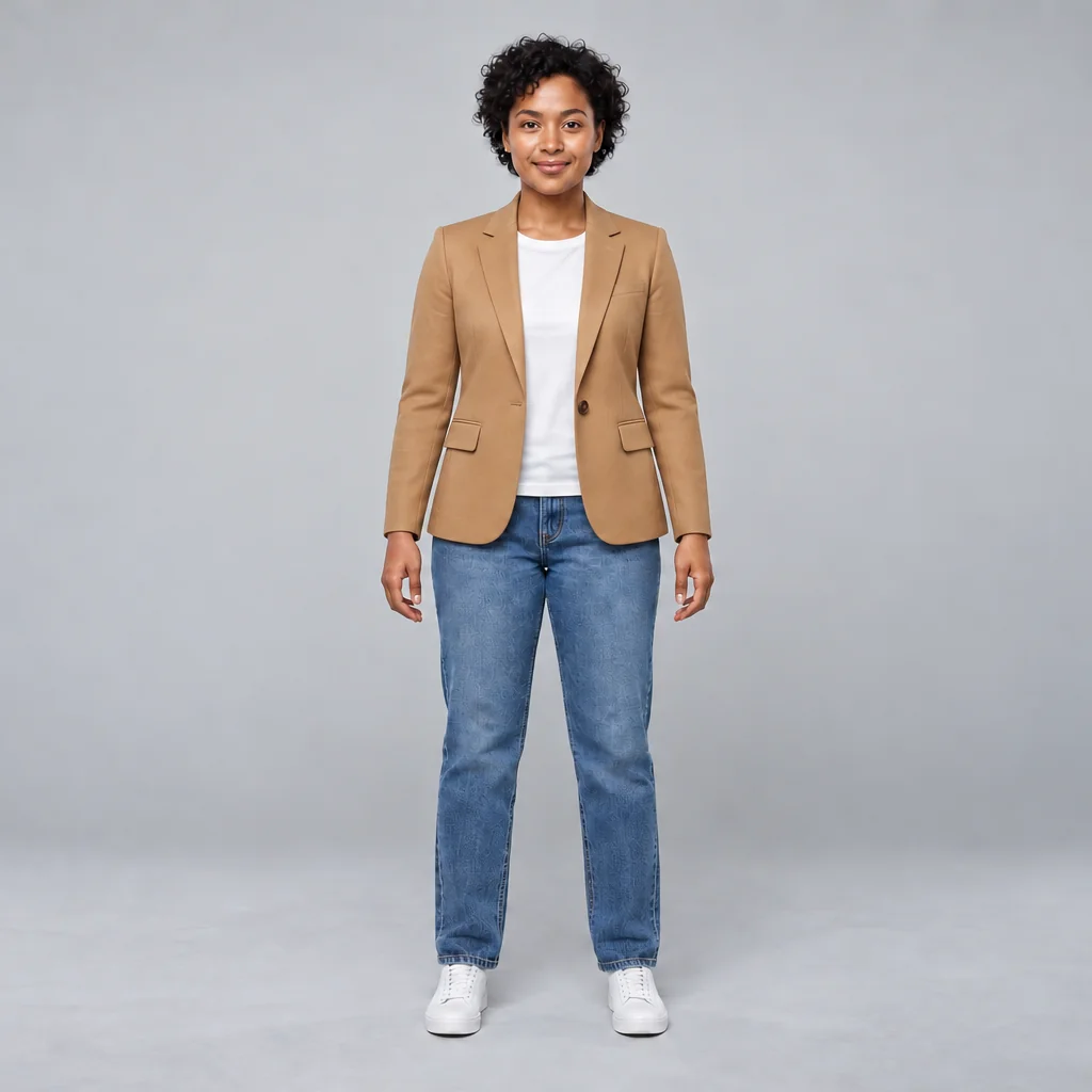 The fictional person wearing the supplied camel tailored jacket, with blue jeans and white shoes in a gray studio.