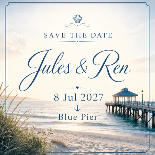 Save-the-date card for Jules & Ren, 8 Jul 2027, Blue Pier.