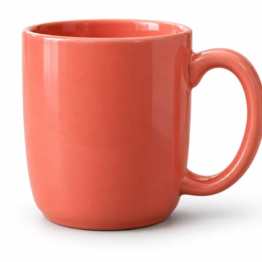 Glossy coral ceramic mug with its handle at right, isolated on a white studio background with a soft shadow.