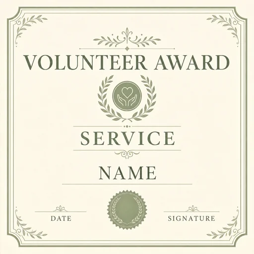 Sage and cream VOLUNTEER AWARD certificate with SERVICE, NAME, DATE and SIGNATURE fields.