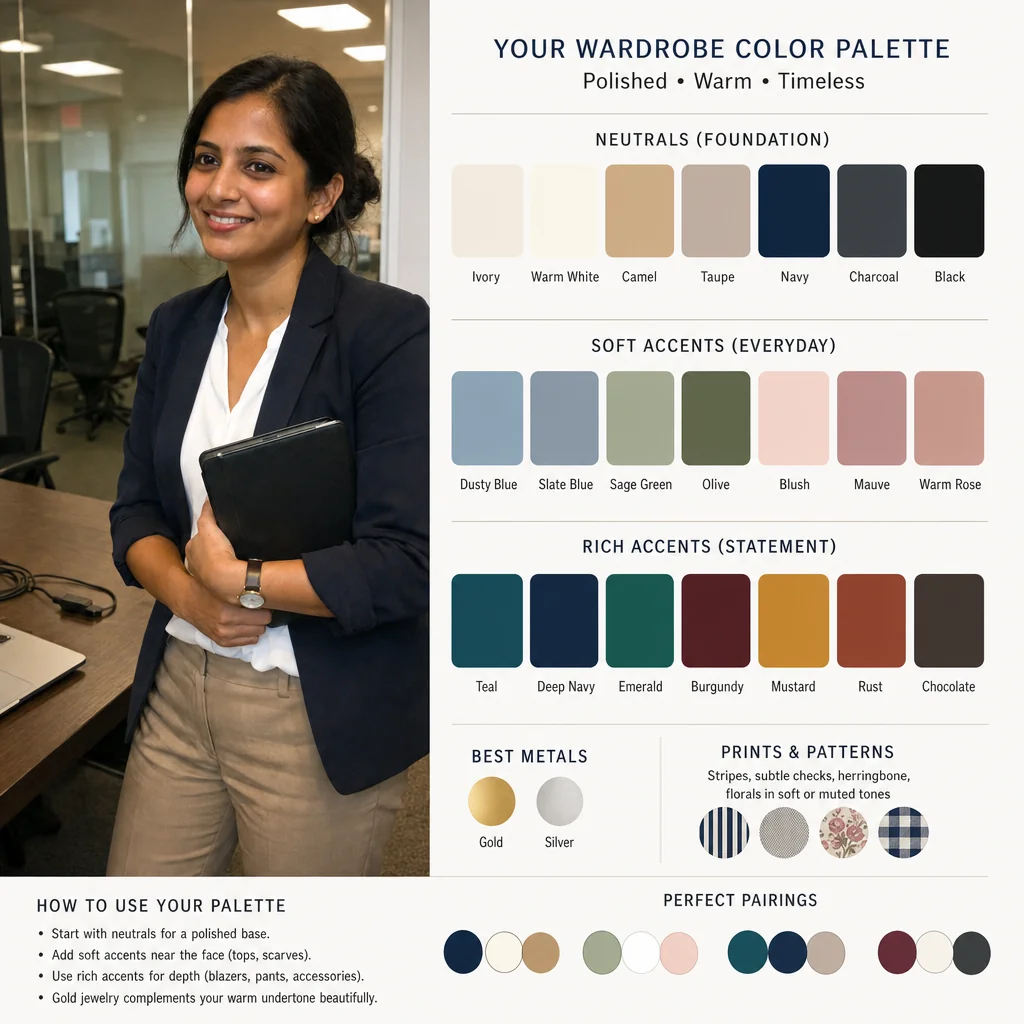 Portrait in a navy blazer beside organized wardrobe color swatches and pairing examples.
