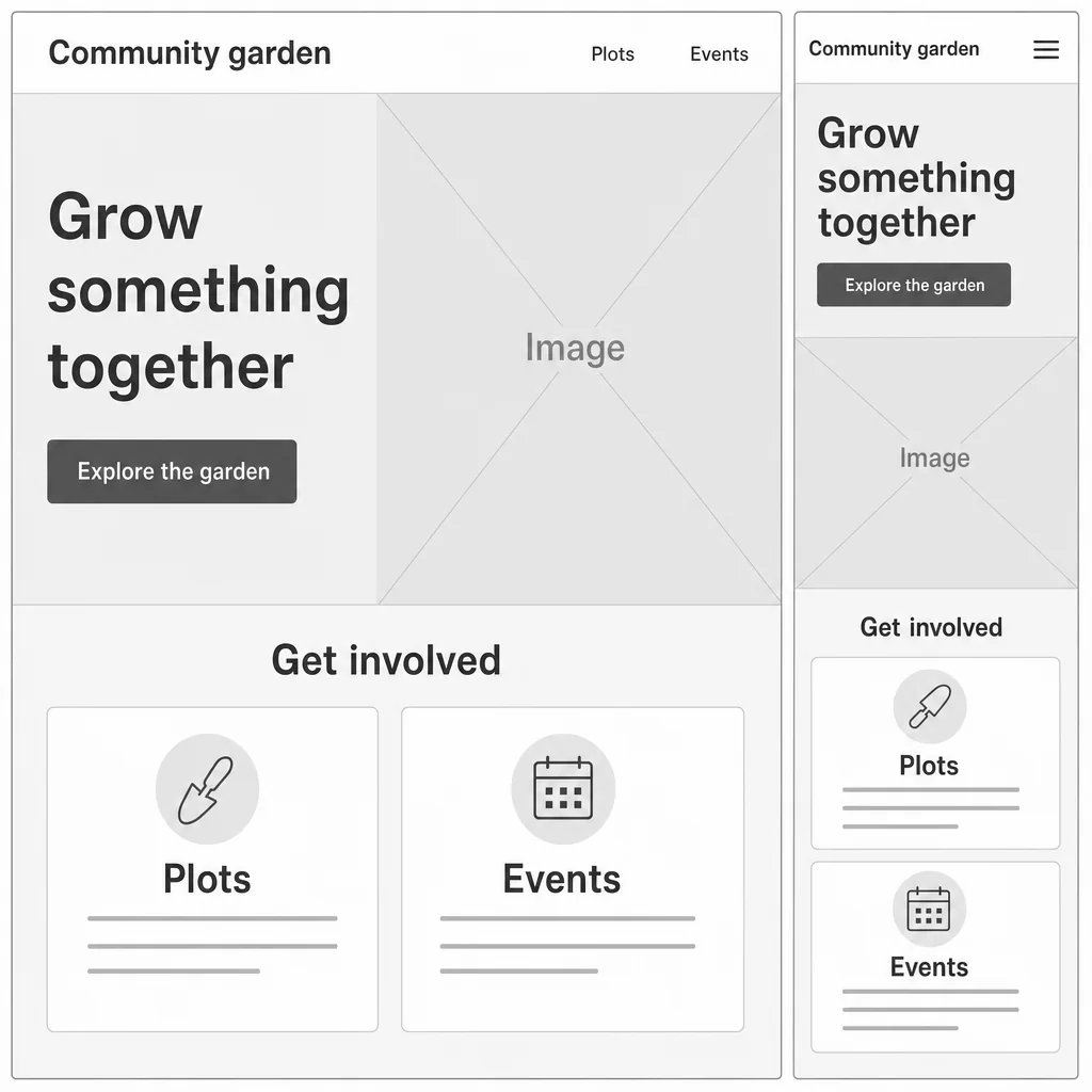 Community garden, navigation, hero/CTA/Image placeholder and two Plots/Events cards are correctly grouped and readable in grayscale.