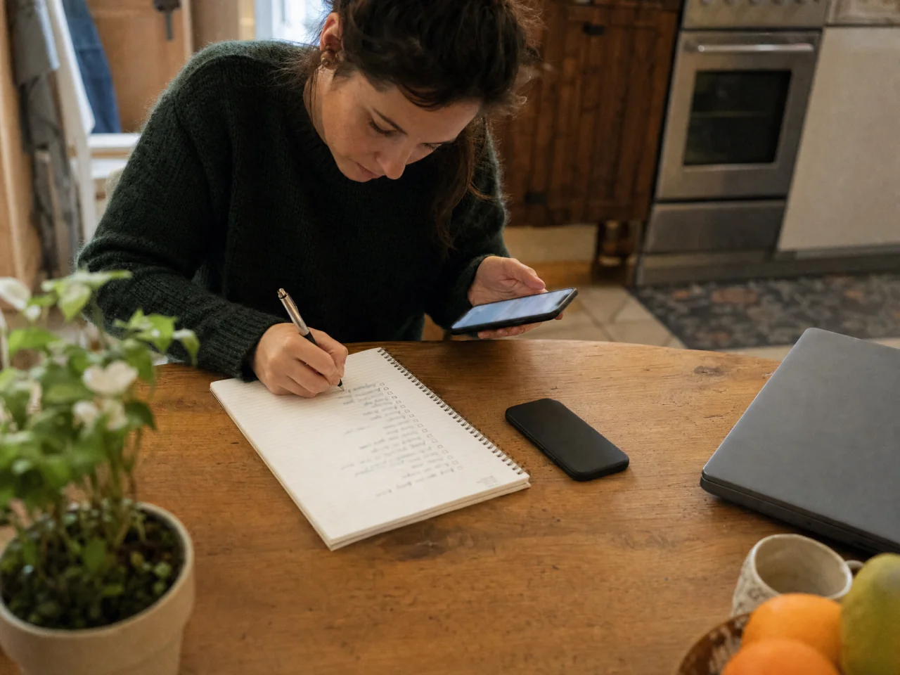 Person writing a simple party checklist at a kitchen table with a phone and closed laptop nearby