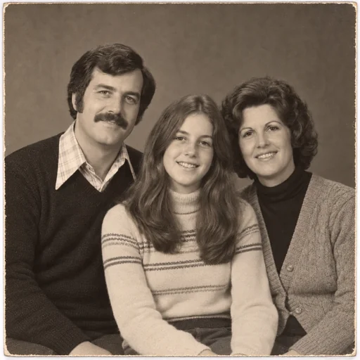 A repaired sepia family portrait of two parents and their daughter against a plain studio backdrop.