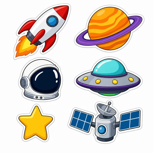 Six bold space stickers show a rocket, ringed planet, helmet, flying saucer, star and satellite.