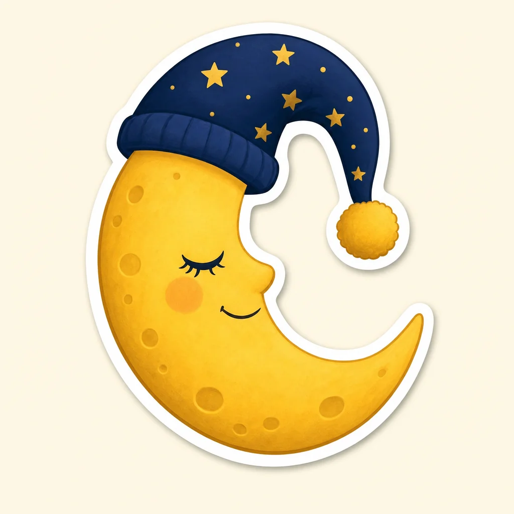 Sleepy golden crescent moon in a navy nightcap with gold stars.