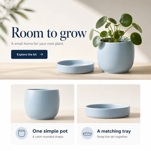 Pale-blue planter landing page with a matching tray, complete hero copy and two supporting sections.