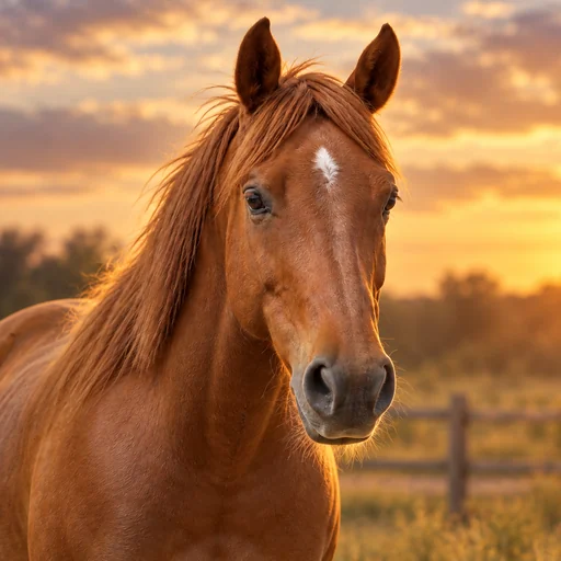 A chestnut horse with a small white forehead star poses in golden sunset light with a softly blurred pasture behind it.