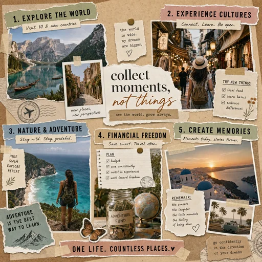 A travel vision board combines landscapes, cultural exploration, adventure and saving goals with layered cutouts.