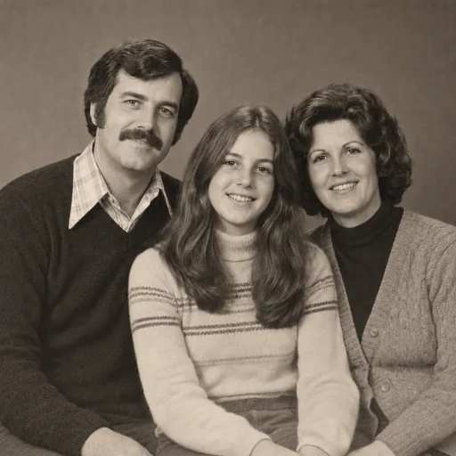 Actual repaired warm monochrome portrait of the same three family members; final accepted restoration.