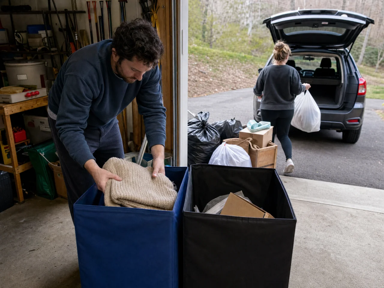 Two people sorting items into color-different donate and trash bins at the garage threshold while a car trunk is open outside for loading