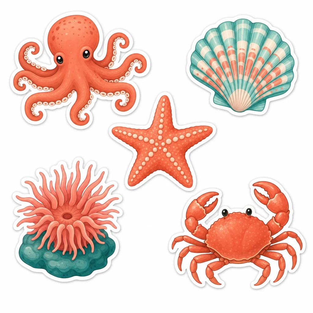 Five coral-and-teal tidepool stickers.