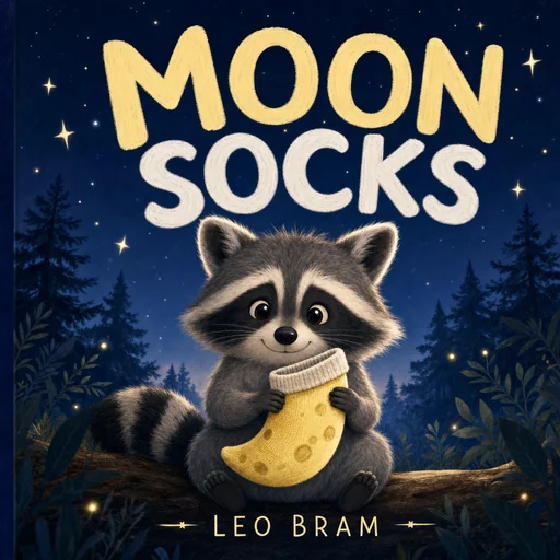 Moon Socks cover by Leo Bram showing a raccoon holding a yellow moon-shaped sock.