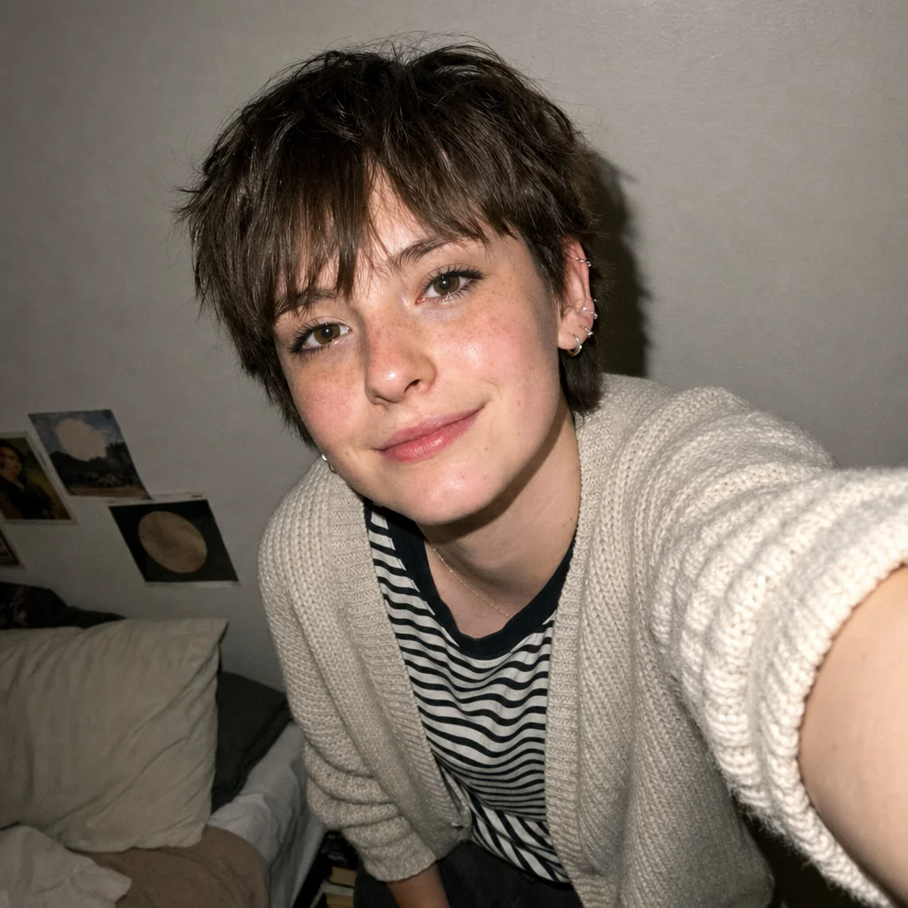 Square profile crop of the original short-haired cardigan selfie.