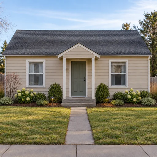 A cottage front garden with mulched beds of shrubs, hydrangeas and ornamental grasses beside the existing path.