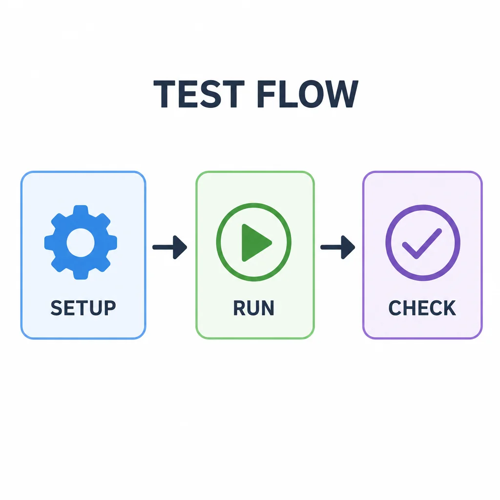 TEST FLOW has SETUP, RUN, CHECK in correct order with two clear rightward arrows and consistent icons.