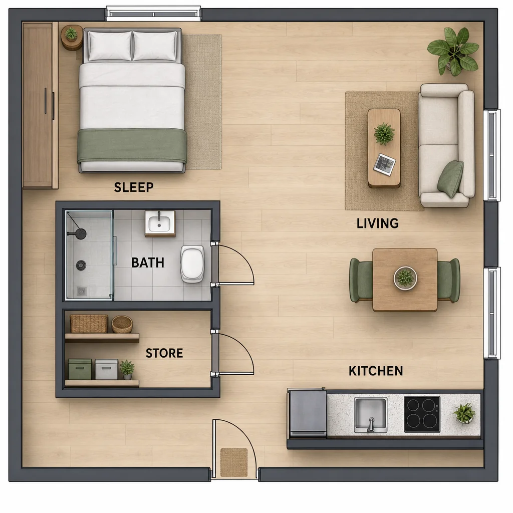 Top-down studio plan with separate bathroom and storage doors, five labels, kitchen, sleeping area and open living circulation.