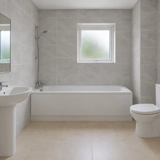 The reference bathroom with light-gray stone-look wall tiles and existing fixtures.