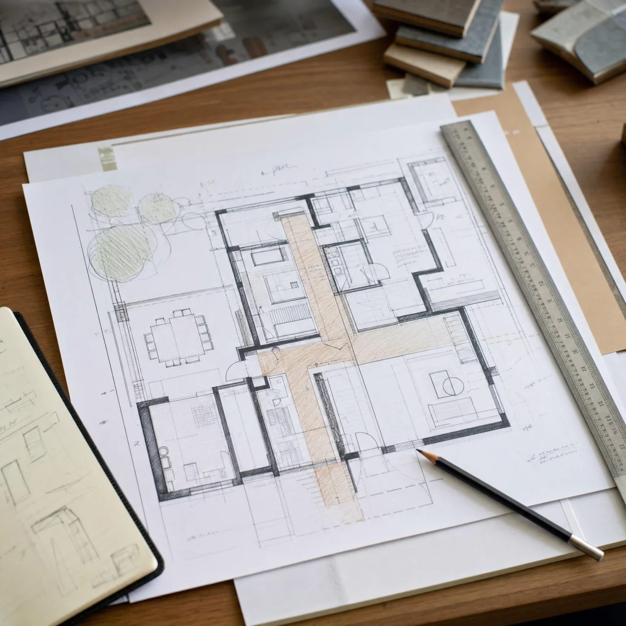 Top-down view of an annotated floor plan sketch with drawn door swings, windows, usable walls, and a highlighted circulation path.