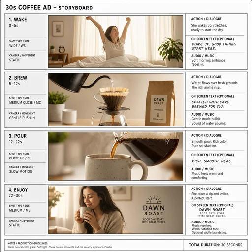 Four-frame coffee advertisement storyboard showing wake, brew, pour and enjoy over thirty seconds.
