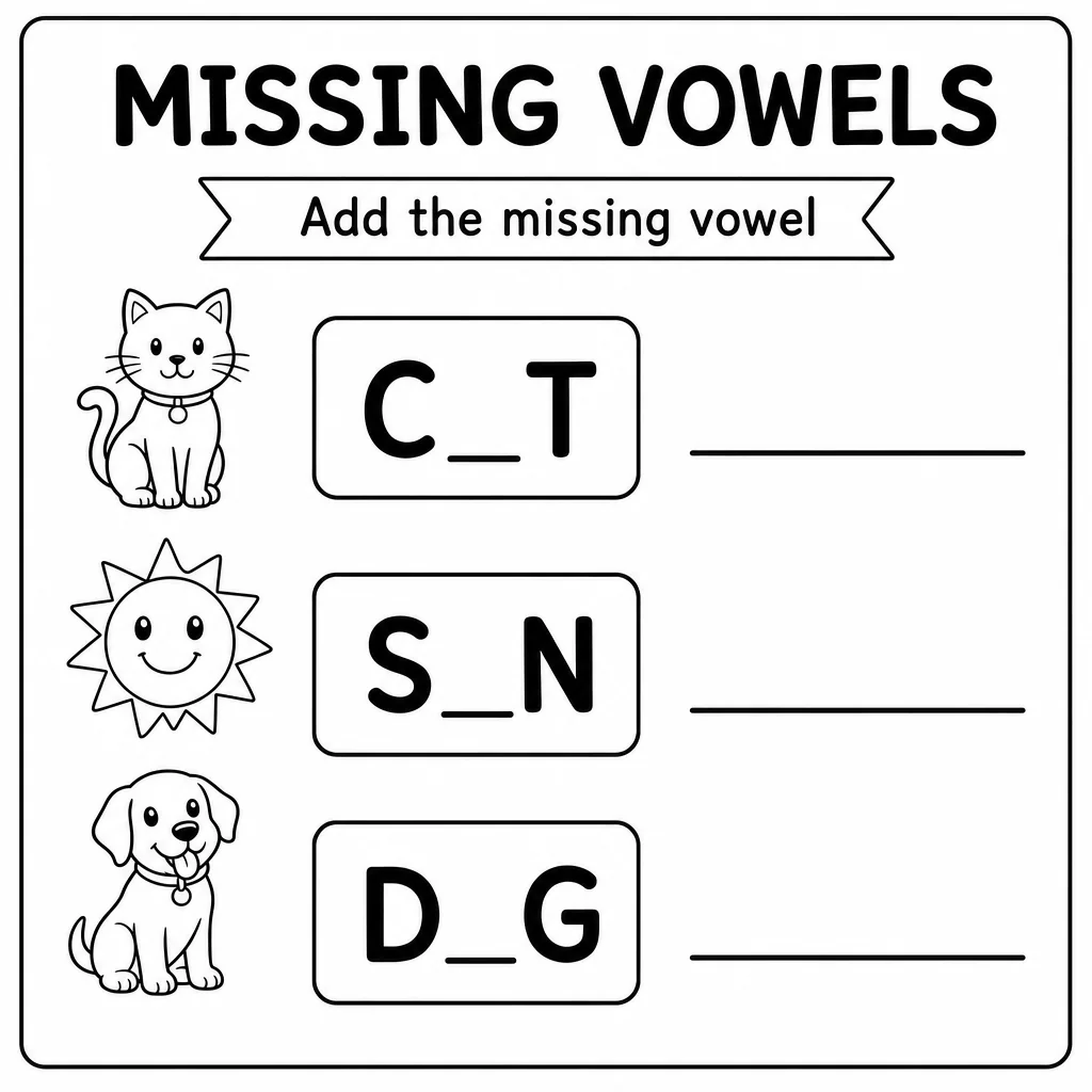 Missing vowels worksheet with cat, sun and dog pictures.