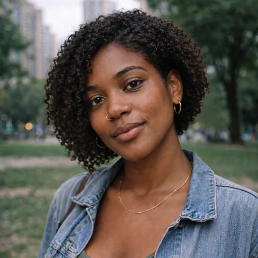 A woman previews an asymmetric curly bob with a longer side near her chin, wearing gold jewelry and a denim jacket.