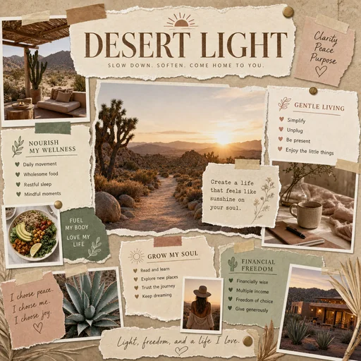 Desert Light travel vision board with warm desert scenery, restful accommodation and clearly grouped retreat goals.