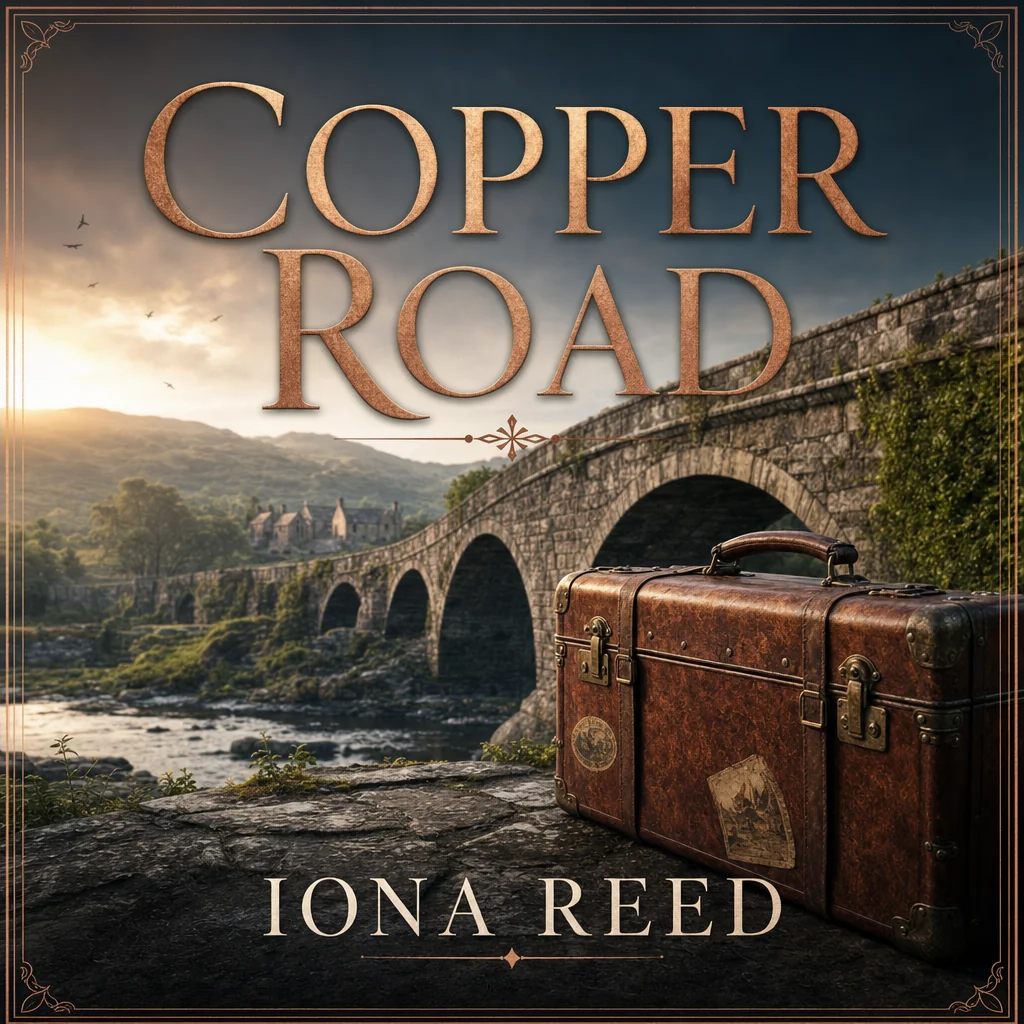 Historical book cover COPPER ROAD by IONA REED with travel case and stone bridge.