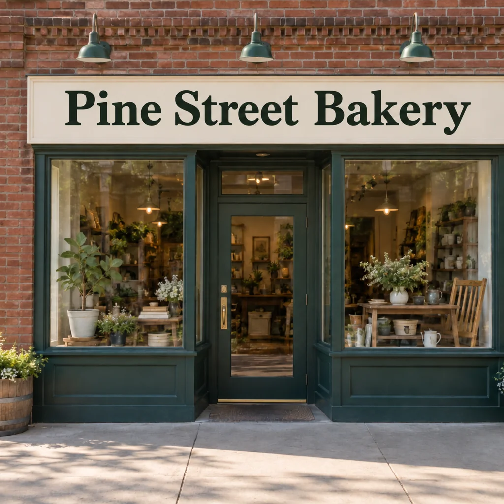Brick storefront with dark green trim and a cream sign reading Pine Street Bakery.