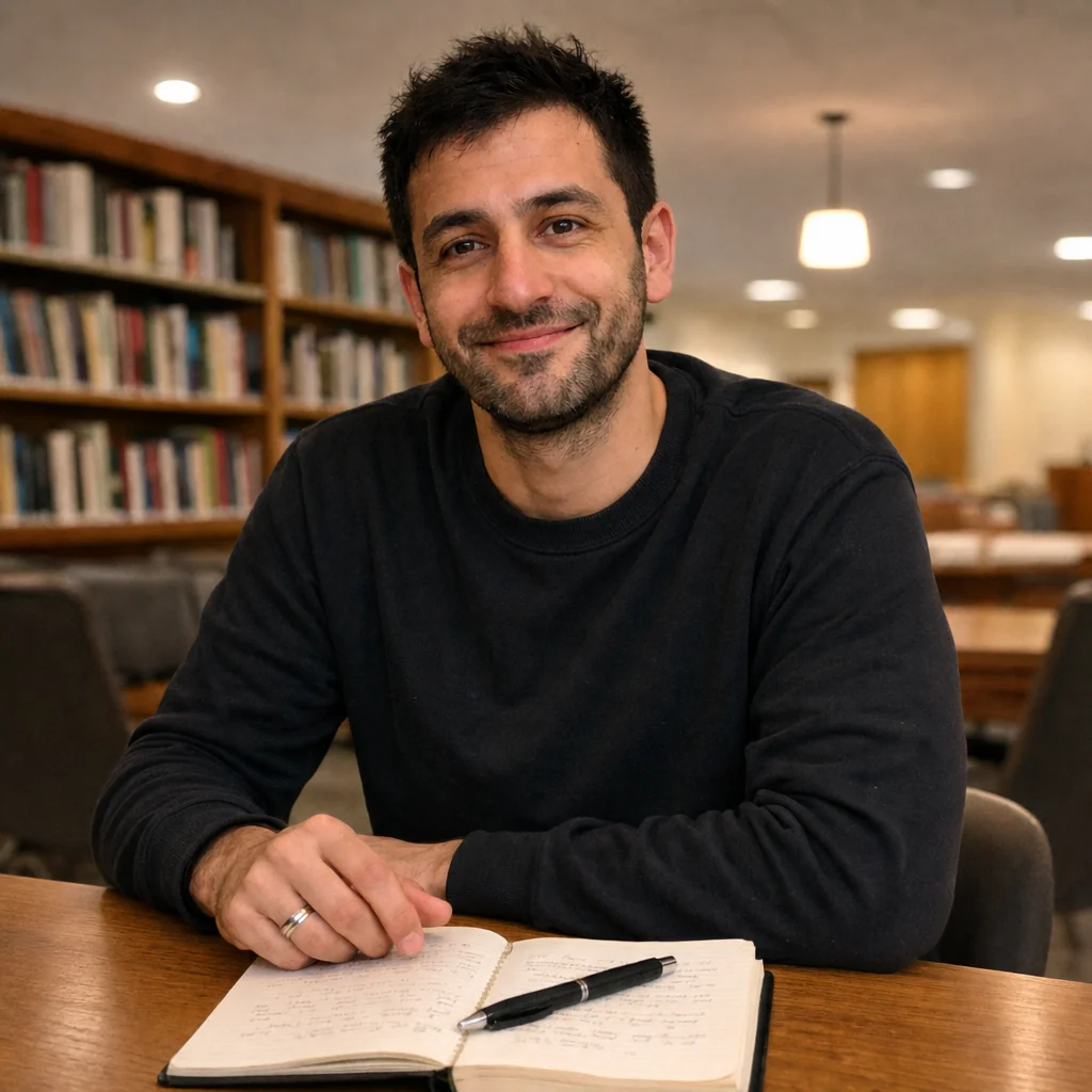 Square portrait at a library desk with a notebook and pen.