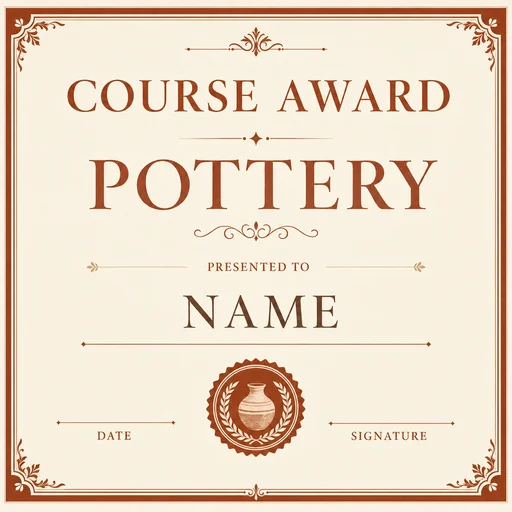 Rust and cream COURSE AWARD certificate for POTTERY with name, date and signature fields.
