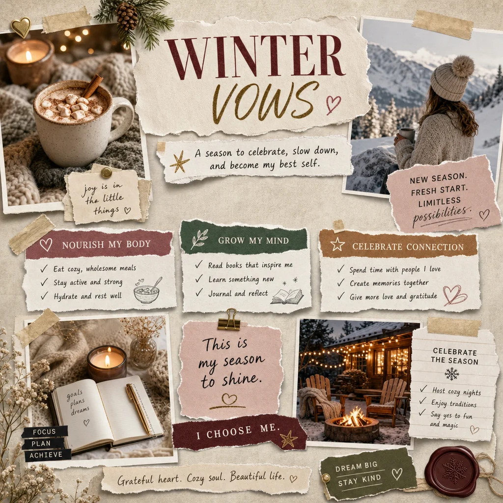 Winter Vows vision board with a snowy cabin, warm drinks, cozy textures and celebration goals.