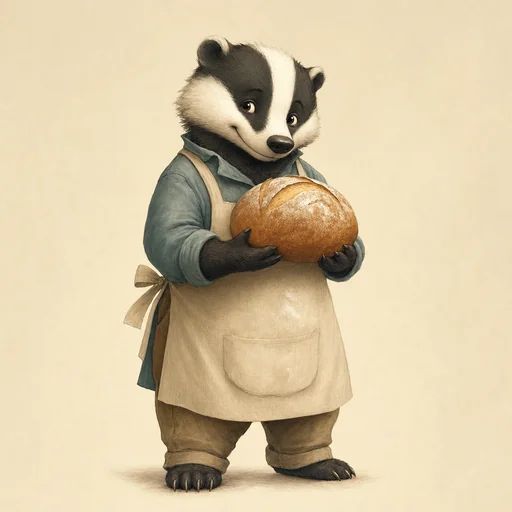 A shy, pleased badger baker in a cream apron carries one round loaf of bread.